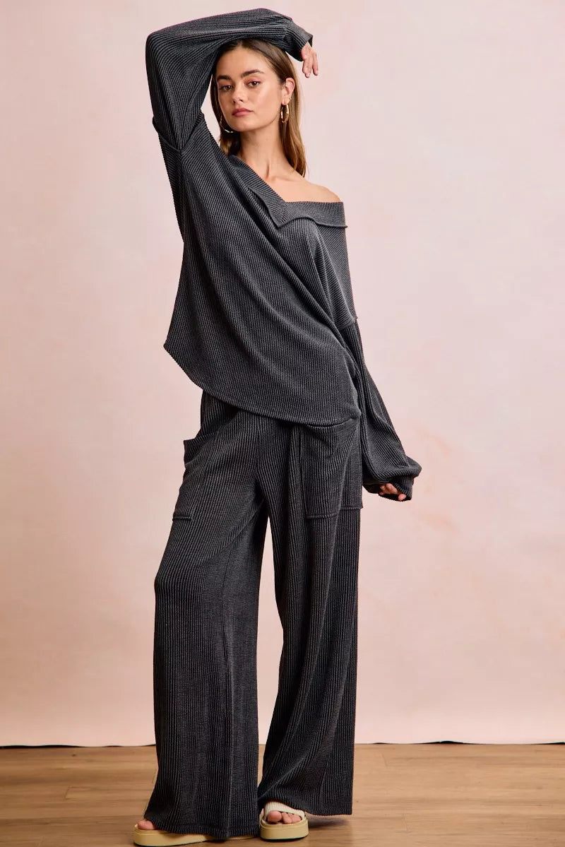 BiBi Two Tone Cord Rib Contrast Stitching V-Neck Top and Pants Set Boho Chic - NeoKira Unlimited