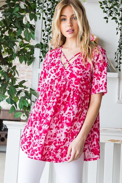 Heimish Full Size Short Sleeve Crisscross Animal Babydoll Top Plus Size - NeoKira Unlimited