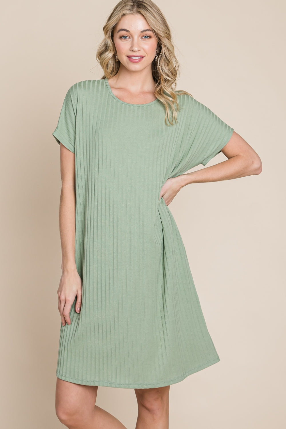 BOMBOM Ribbed Round Neck Short Sleeve Dress - NeoKira Unlimited