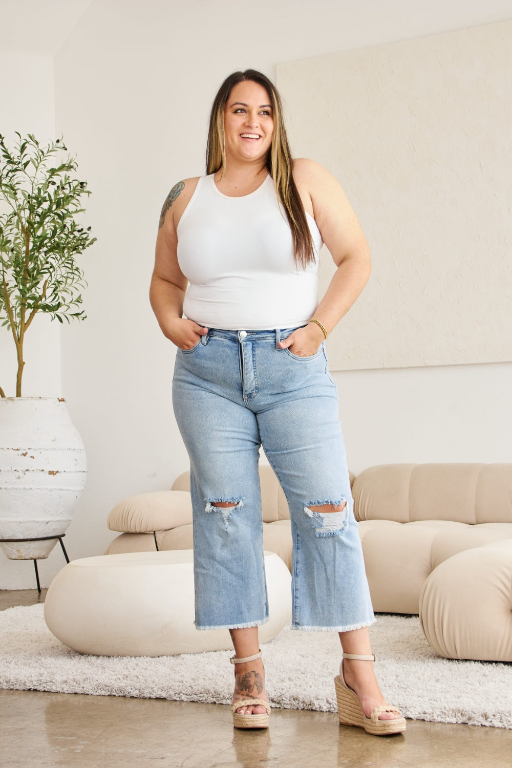 RFM Full Size Tummy Control High Waist Raw Hem Distressed Jeans - NeoKira Unlimited