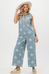 BiBi Star Print Half Zip Sleeveless Denim Jumpsuit Jumpsuits Trendsi   