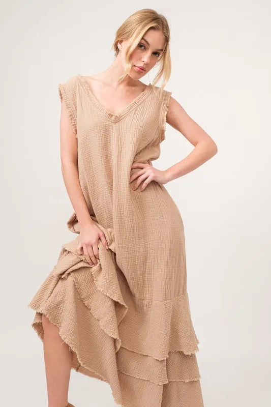 And The Why Washed Cotton Gauze Fringe Detail Tiered Dress - NeoKira Unlimited