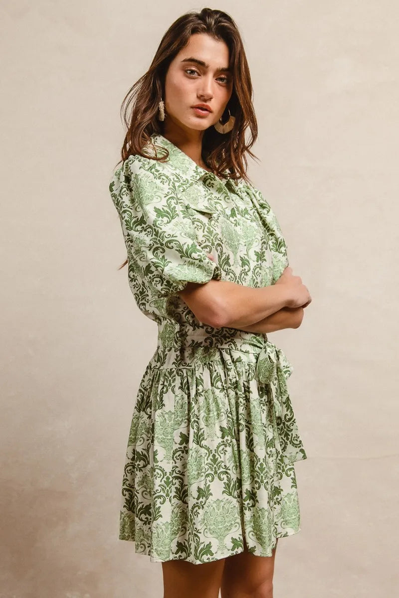 BiBi Tied Floral Short Sleeve Mini Shirt Dress - NeoKira Unlimited