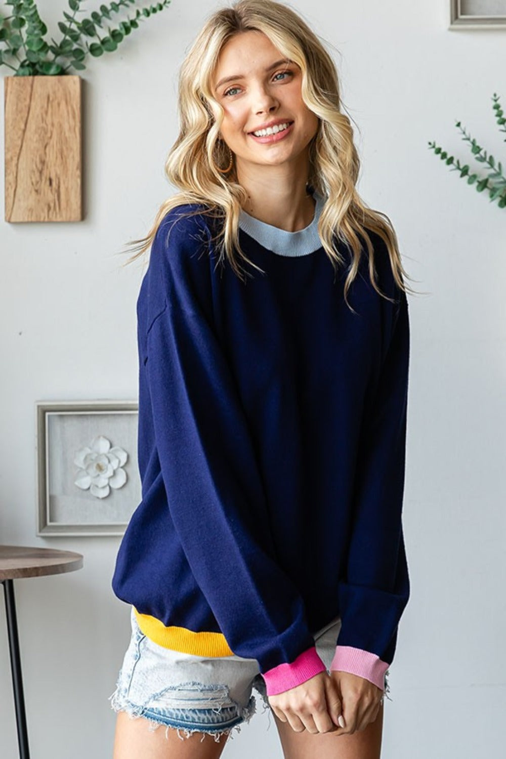 First Love Contrast Ribbed Round Neck Long Sleeve Sweater - NeoKira Unlimited