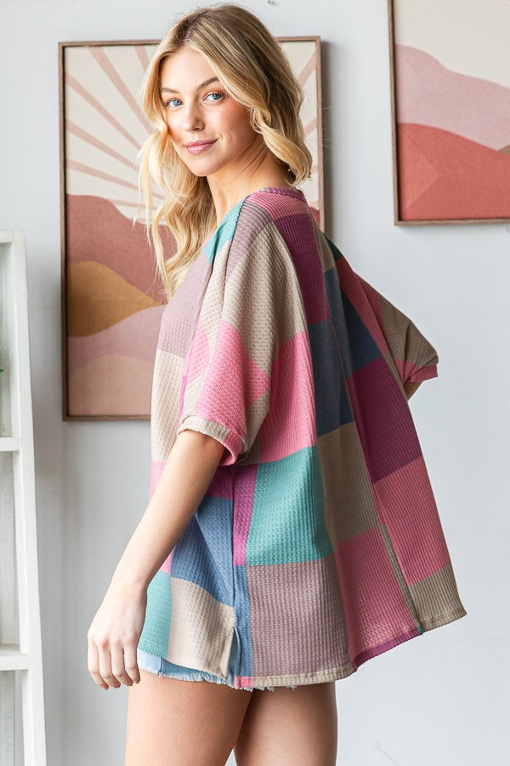 HOPELY Full Size Checkered Round Neck Side Slit T-Shirt - NeoKira Unlimited