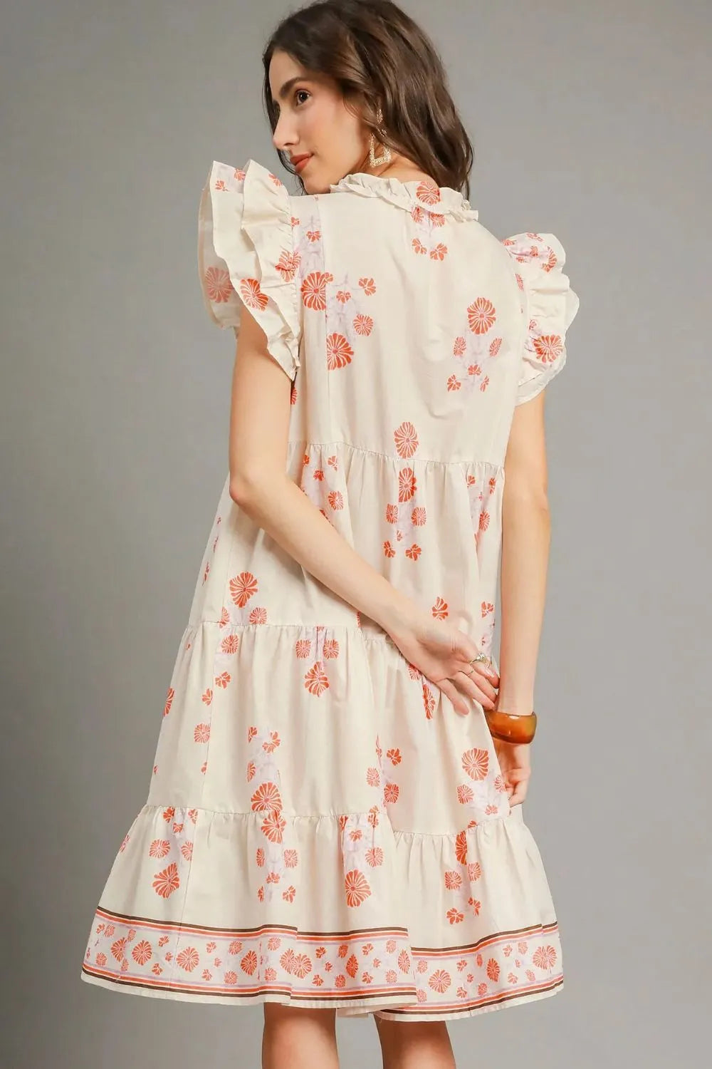 Umgee Boho Coral Garden Floral Tie Neck Midi Dress Tiered A-Line Fit - NeoKira Unlimited