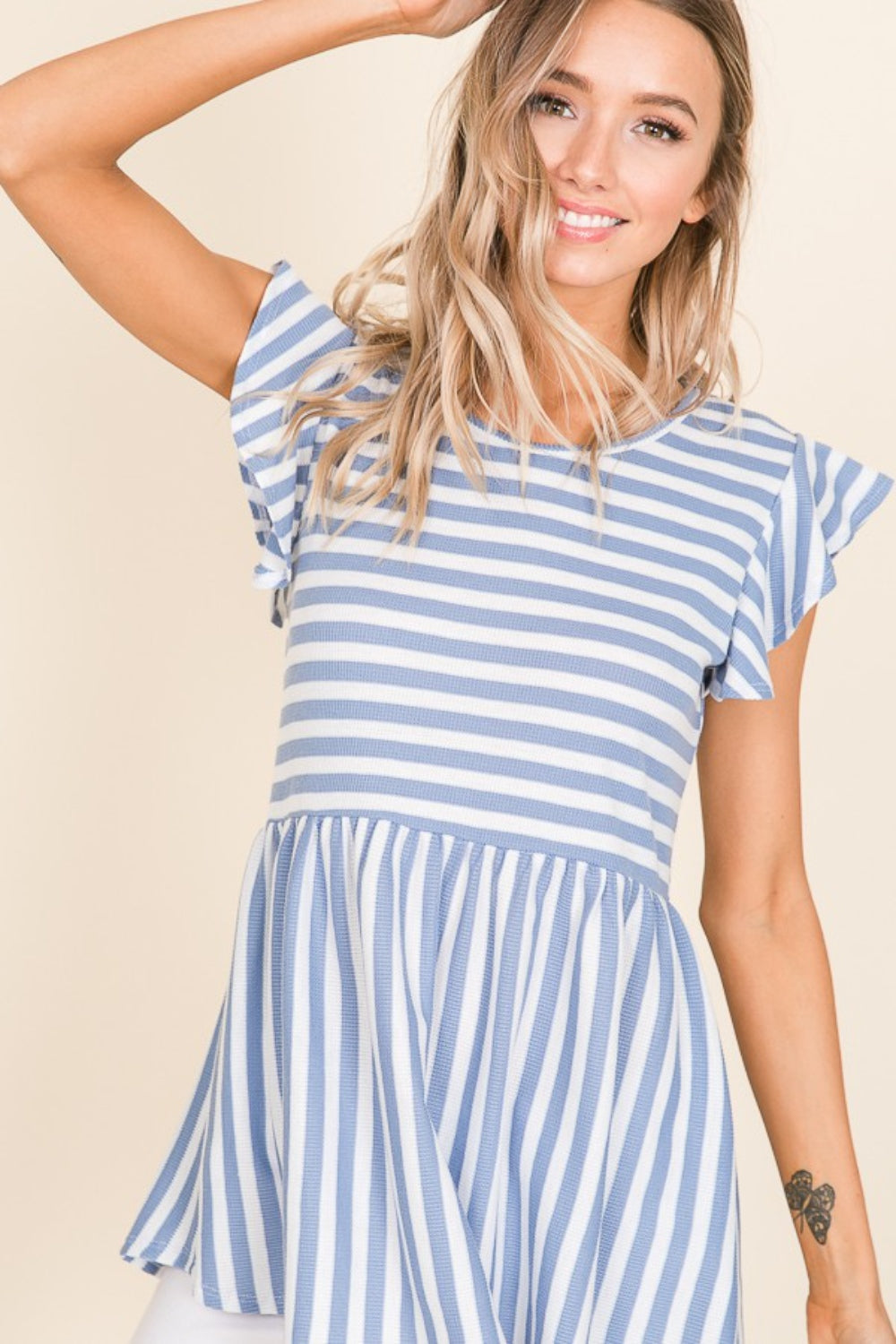 BOMBOM Striped Round Neck Blouse Blouse Trendsi   