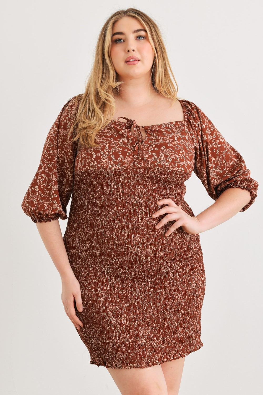 Zenobia Plus Size Smocked Printed Square Neck Mini Dress Mini Dress Trendsi   