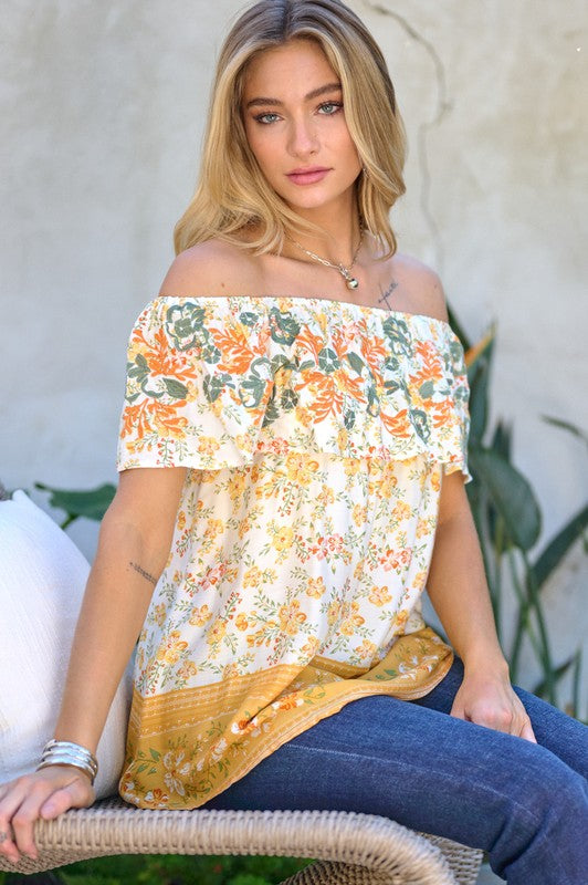 Davi & Dani Printed Off Shoulder Loose Fit Casual Smocked Top - NeoKira Unlimited