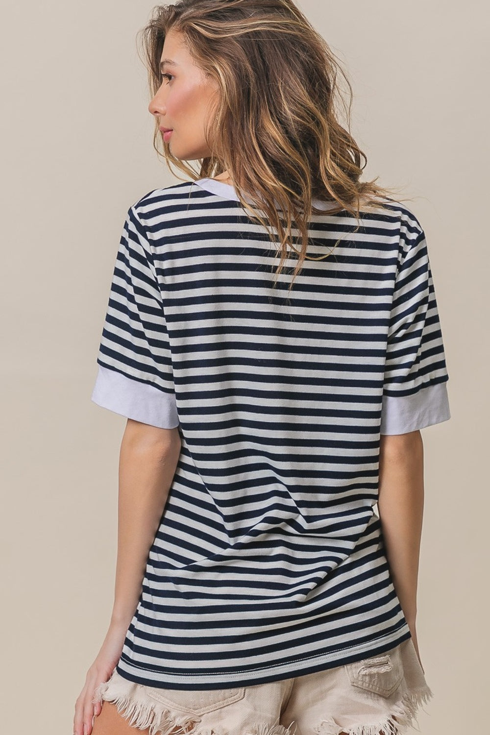 BiBi Contrast Striped Notched Knit Top - NeoKira Unlimited