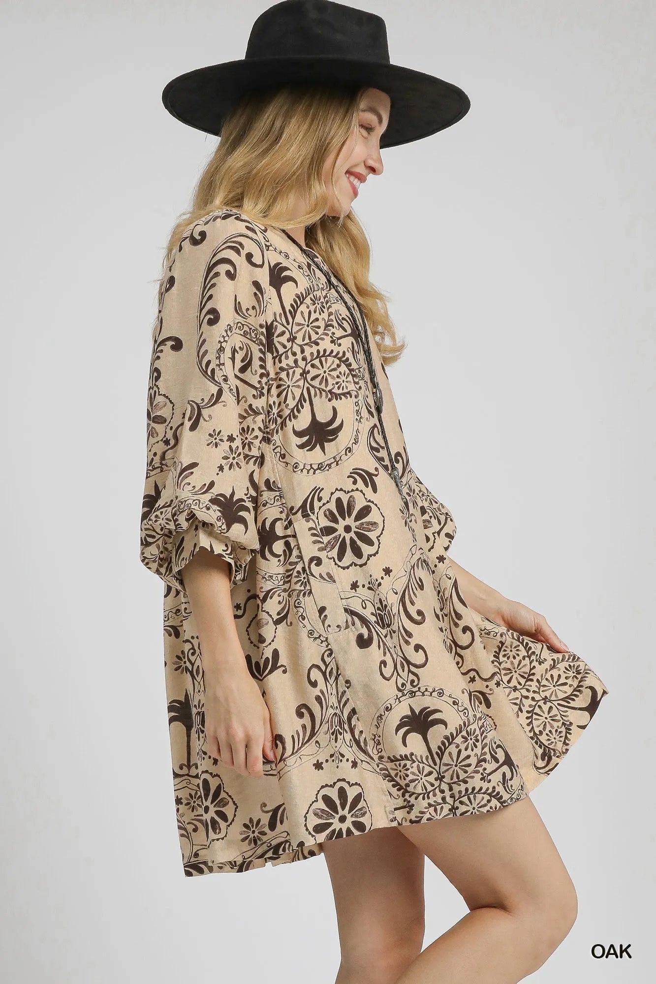 Umgee Boho Balloon Sleeve Paisley Mini Dress Vintage Oak Tones - NeoKira Unlimited