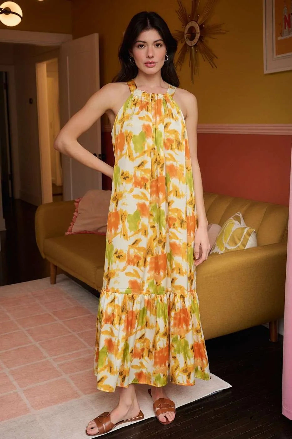 Mittoshop Watercolor Print Halter Neck Satin Maxi Dress - NeoKira Unlimited