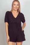 VERY J Lace Detail Puff Sleeve Romper with Pockets Romper Trendsi Black S 