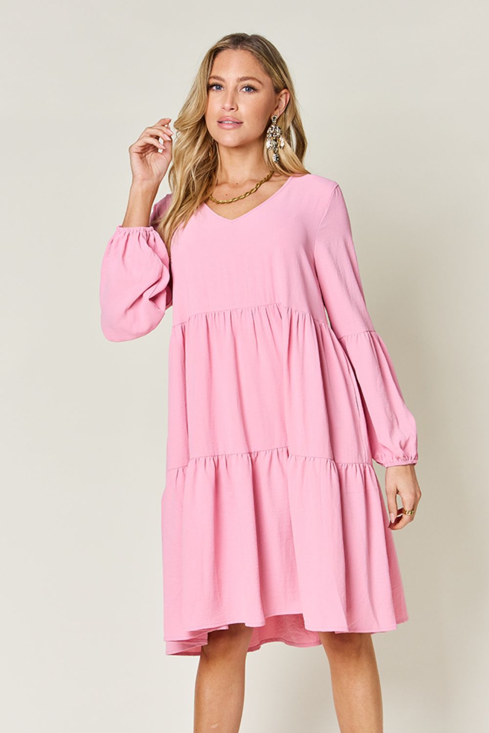 Double Take Full Size V-Neck Balloon Sleeve Tiered Dress Mini Dress Trendsi Pink S 