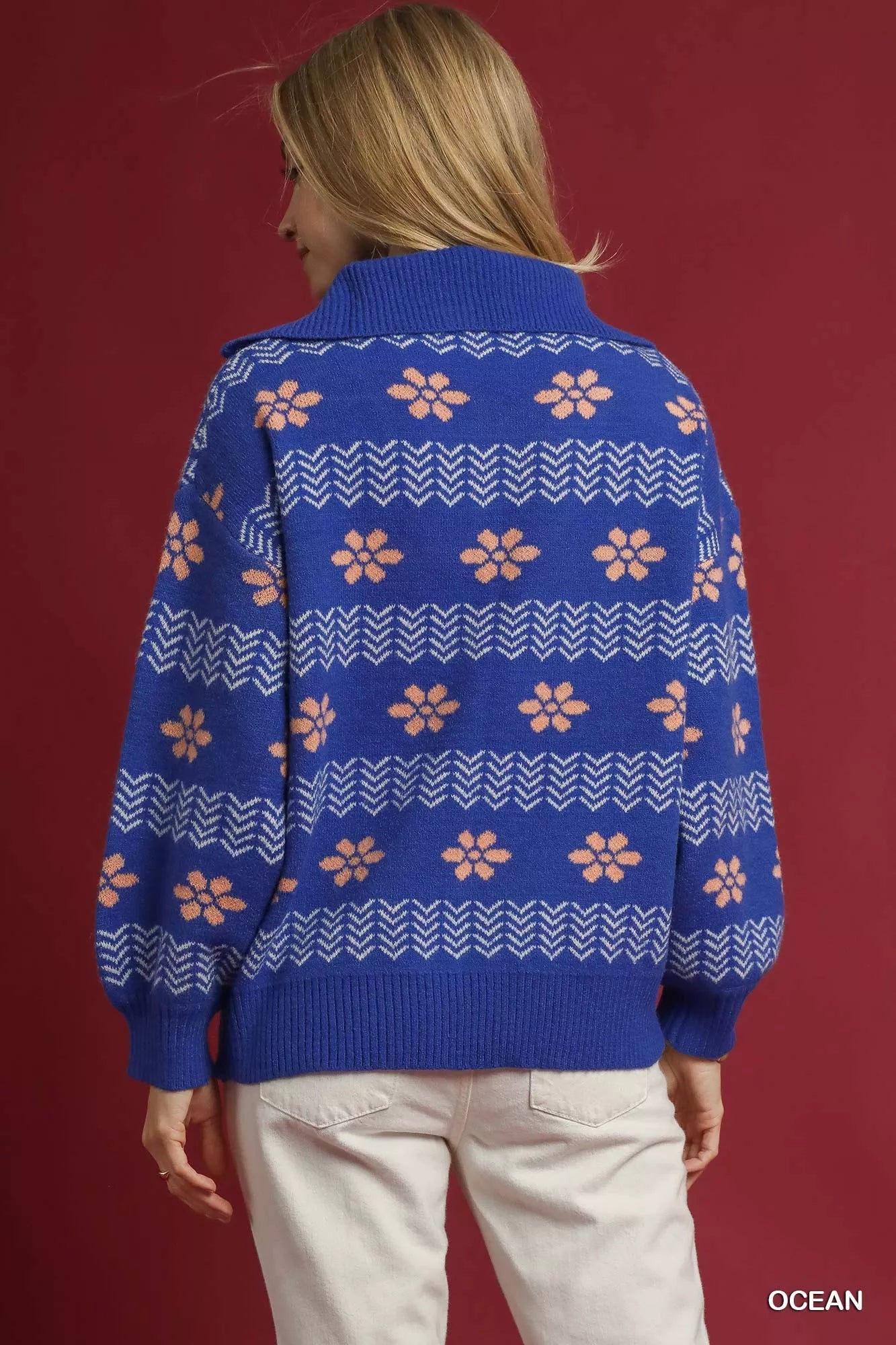 Umgee Floral Patterned Jacquard Quarter-Zip Pullover Sweater Boho Chic - NeoKira Unlimited