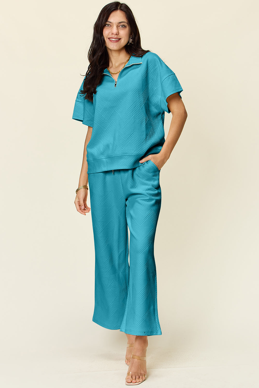 Double Take Full Size Texture Half Zip Short Sleeve Top and Pants Set - NeoKira Unlimited