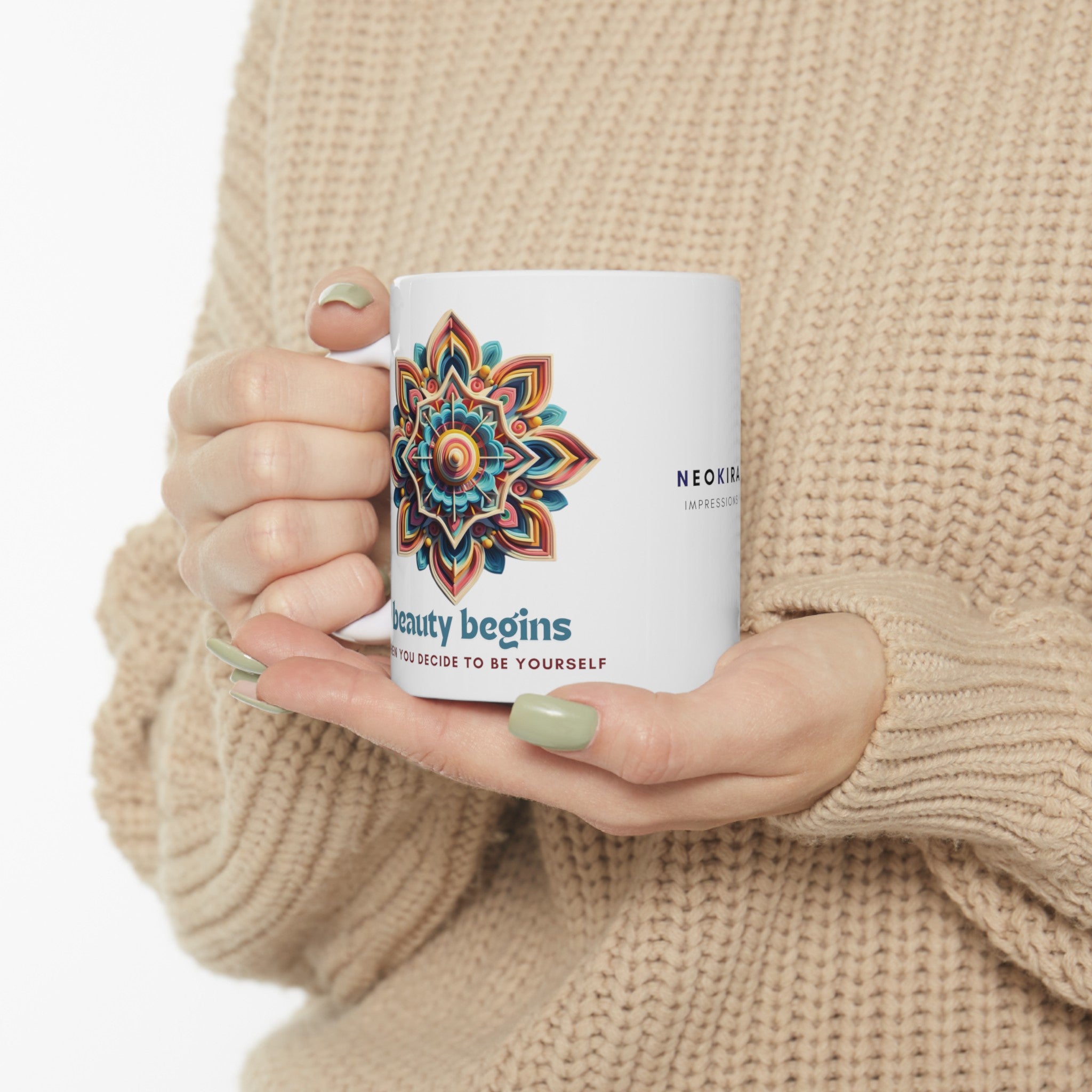 BEAUTY BEGINS MANDALA Ceramic Mug 11oz 11oz Mug Printify   