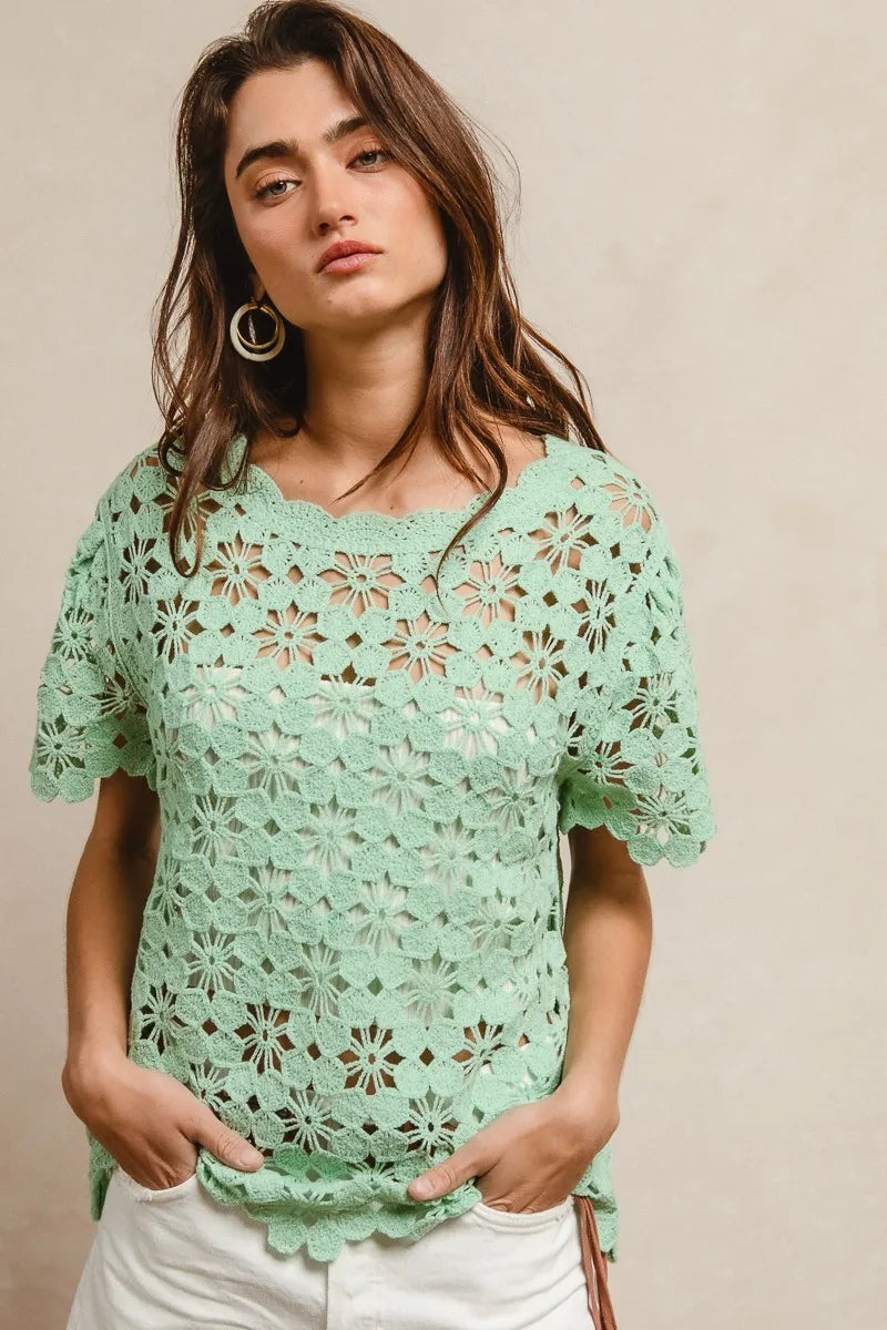 BiBi Openwork Crochet Short Sleeve Knit Top Boho Chic Style - NeoKira Unlimited