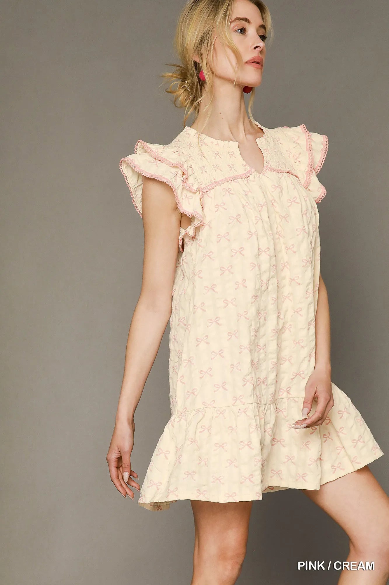Umgee Cottagecore Cream Mini Dress With Bow Print Ruffled Sleeves - NeoKira Unlimited