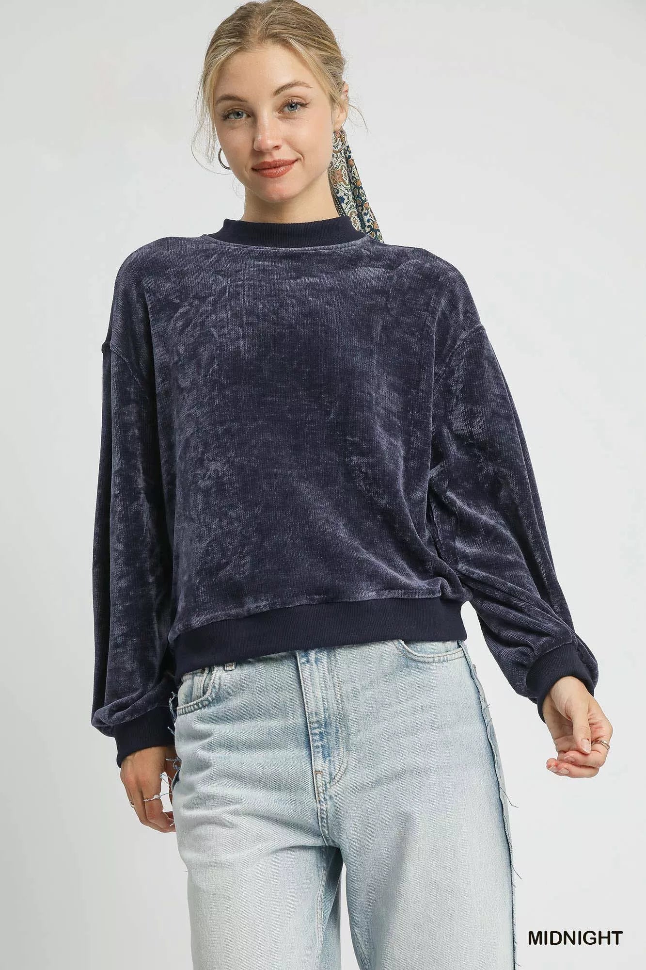 Umgee Cozy Luxe Velour Crewneck Balloon Sleeve Sweatshirt - NeoKira Unlimited