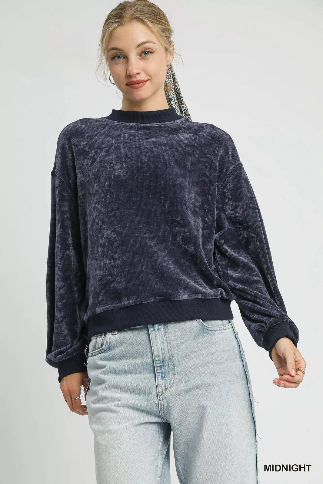 Umgee Cozy Luxe Velour Crewneck Balloon Sleeve Sweatshirt - NeoKira Unlimited