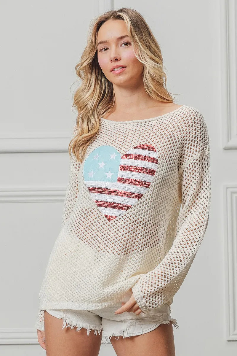 BiBi Sequin American Flag Heart Knit Up - NeoKira Unlimited