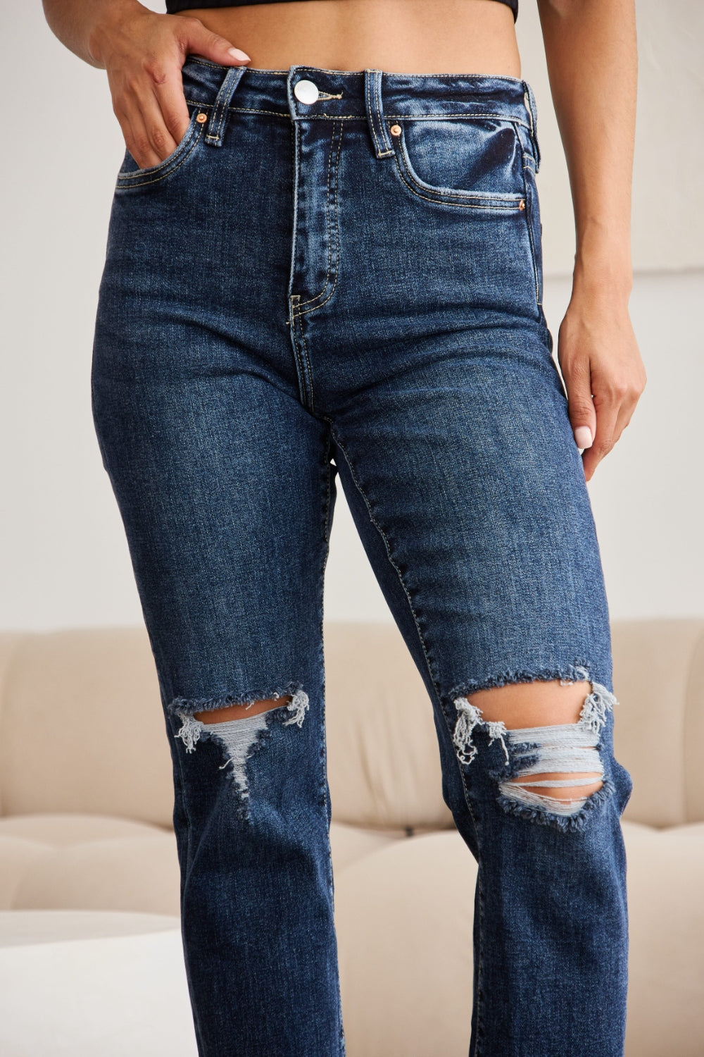 RFM Full Size Tummy Control Distressed High Waist Raw Hem Jeans - NeoKira Unlimited