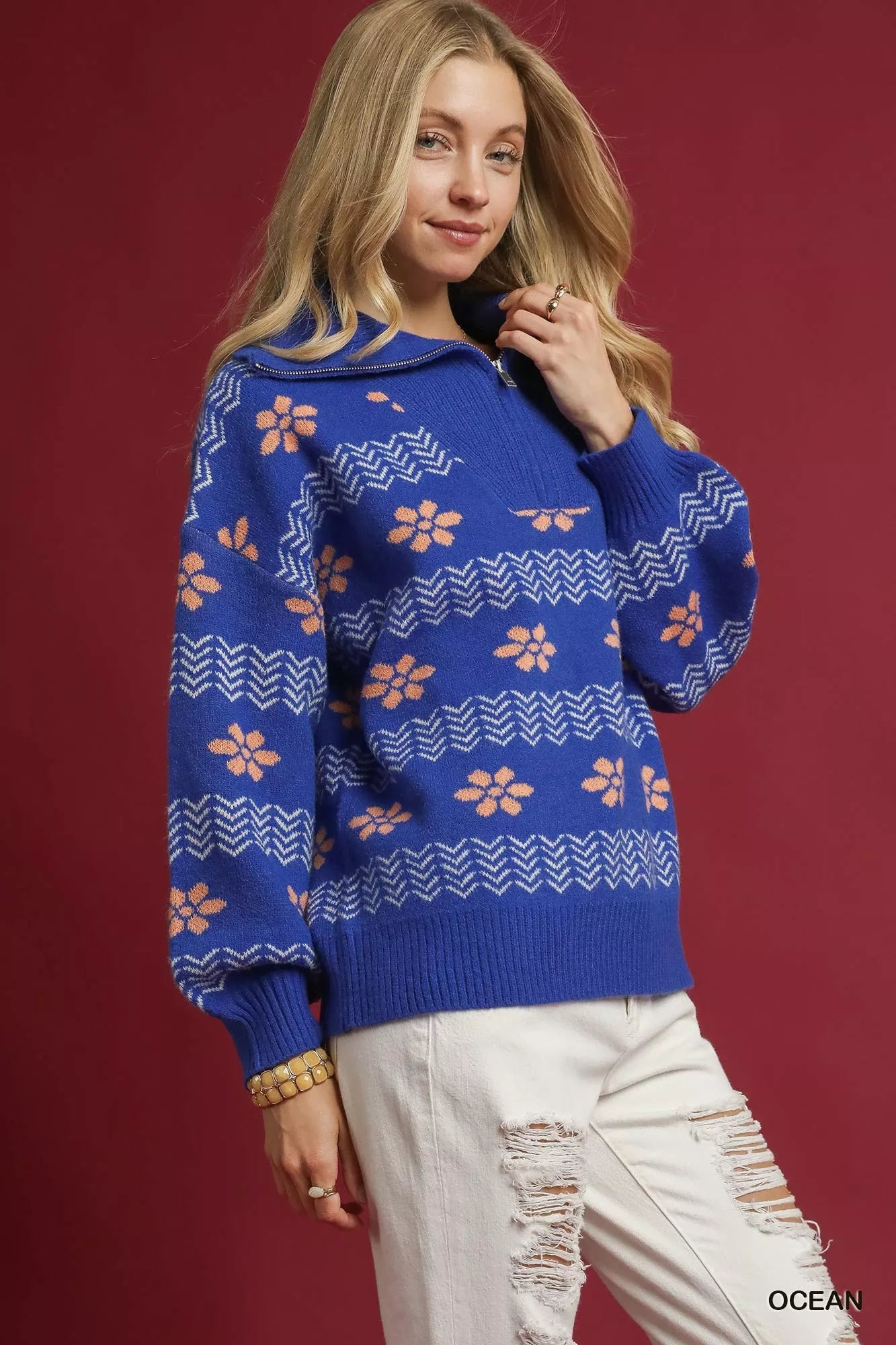Umgee Floral Patterned Jacquard Quarter-Zip Pullover Sweater Boho Chic - NeoKira Unlimited