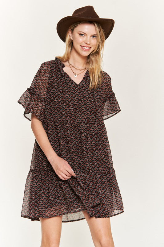 Jade By Jane Romantic Boho Floral V-Neck Mini Dress | Ruffle Sleeve - NeoKira Unlimited