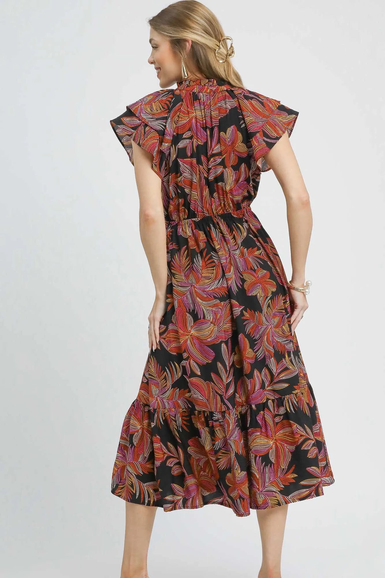 Umgee Boho Tropics Leaf Print Ruffle Sleeve Midi Dress - NeoKira Unlimited
