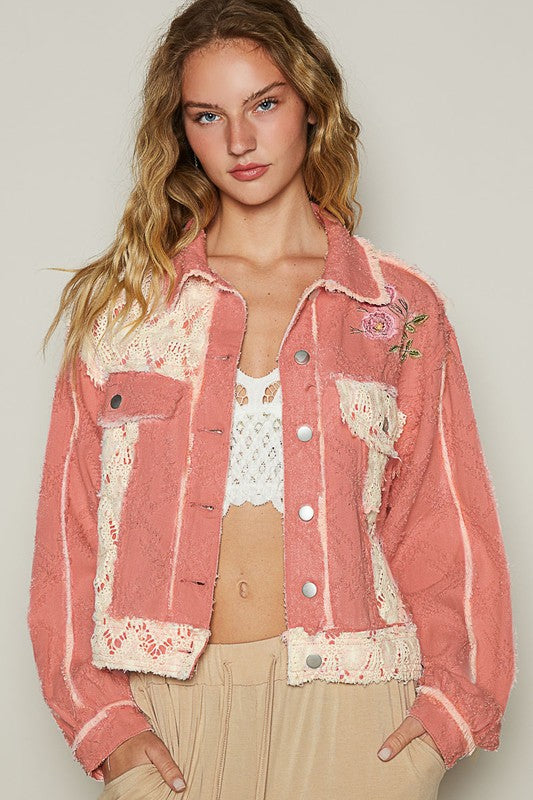 POL Crochet Patch Embroidered Button Up Jacket - NeoKira Unlimited