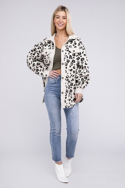 BiBi Vintage Washed Leopard Corduroy Buttoned Jacket Jacket BiBi   