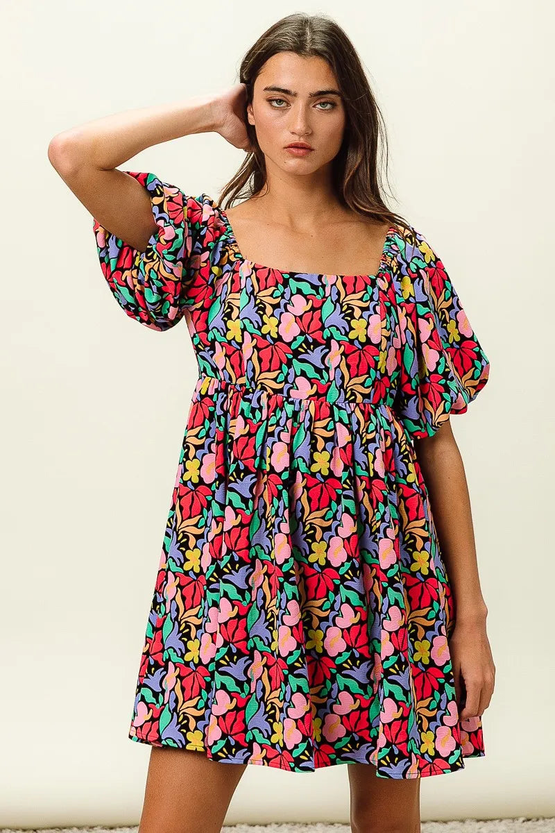 BiBi Tropical Boho Floral Print Puff Sleeve Square Neck Dress - NeoKira Unlimited