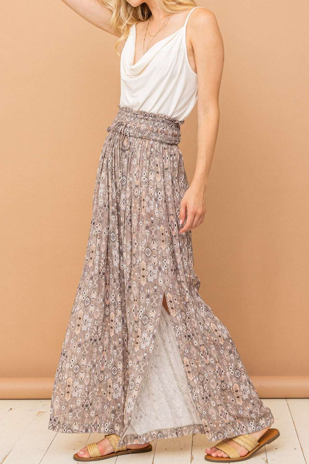 And The Why Printed Smocked Waist Slit Wide Leg Pants - NeoKira Unlimited