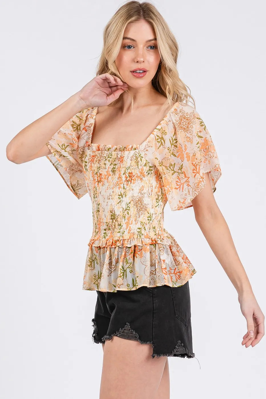 Mittoshop Floral Chiffon Smocked Square Neck Peplum Top - NeoKira Unlimited