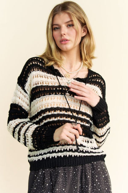 Davi & Dani Contrast Striped Crochet Drop Shoulder Knit Cover Up - NeoKira Unlimited