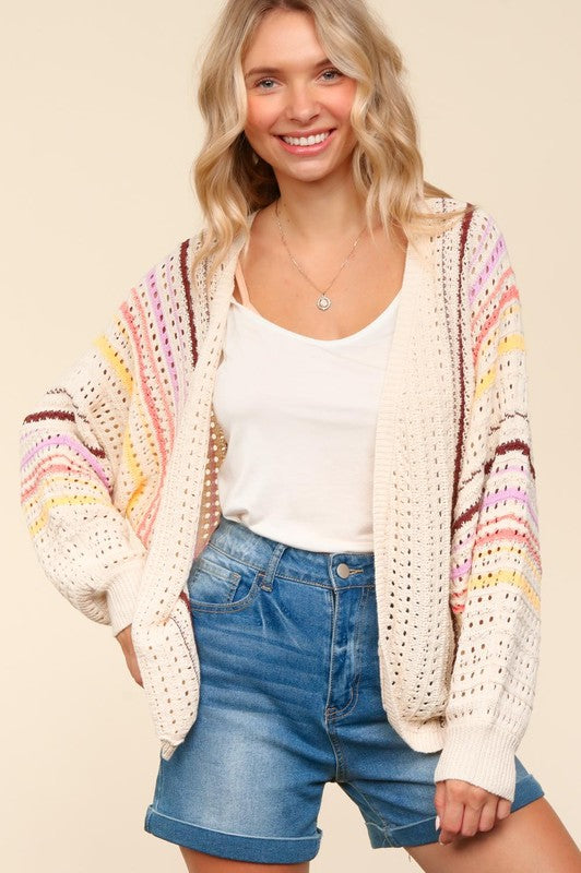 Haptics Full Size Striped Crochet Open Front Cardigan - NeoKira Unlimited