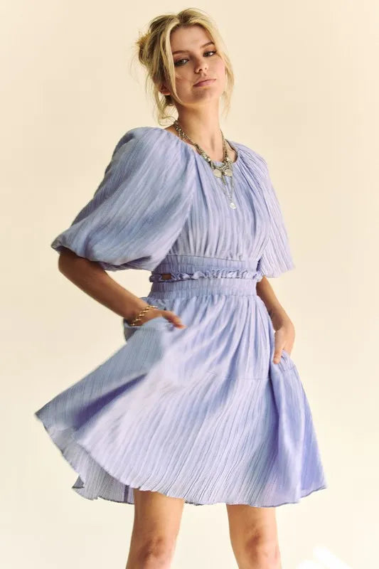 Davi & Dani Back Button Puff Sleeve Mini Dress - NeoKira Unlimited