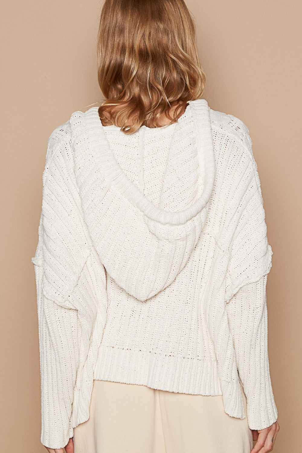 POL Rib Weave Sleeves Hooded Cable Knit Sweater Hooded Sweater Trendsi   