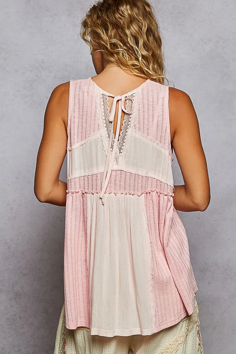 POL Pleated Pink Cream Colorblock Tank – Lace Trim Adjustable Boho Top - NeoKira Unlimited