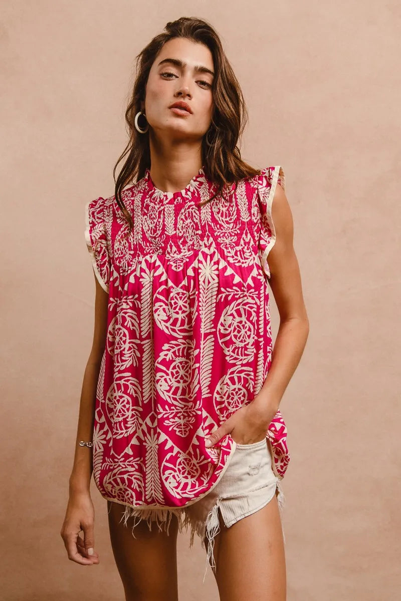 BiBi Pink Paisley Ruffle Cap Sleeve Smocked Neck Blouse - NeoKira Unlimited