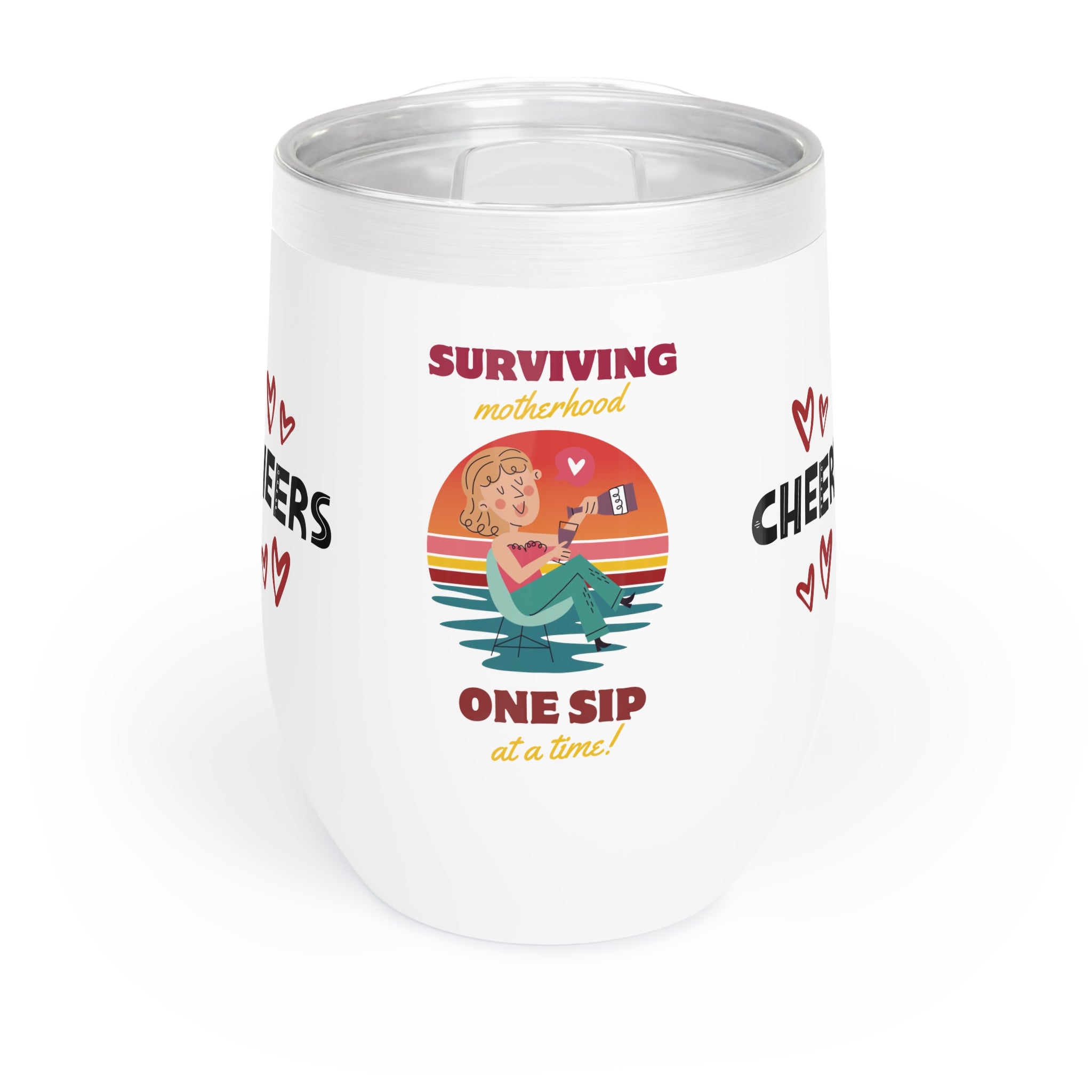 SURVIVING MOTHERHOOD ONE SIP AT A TIME Chill Wine Tumbler Wine Tumbler Printify White 12oz 