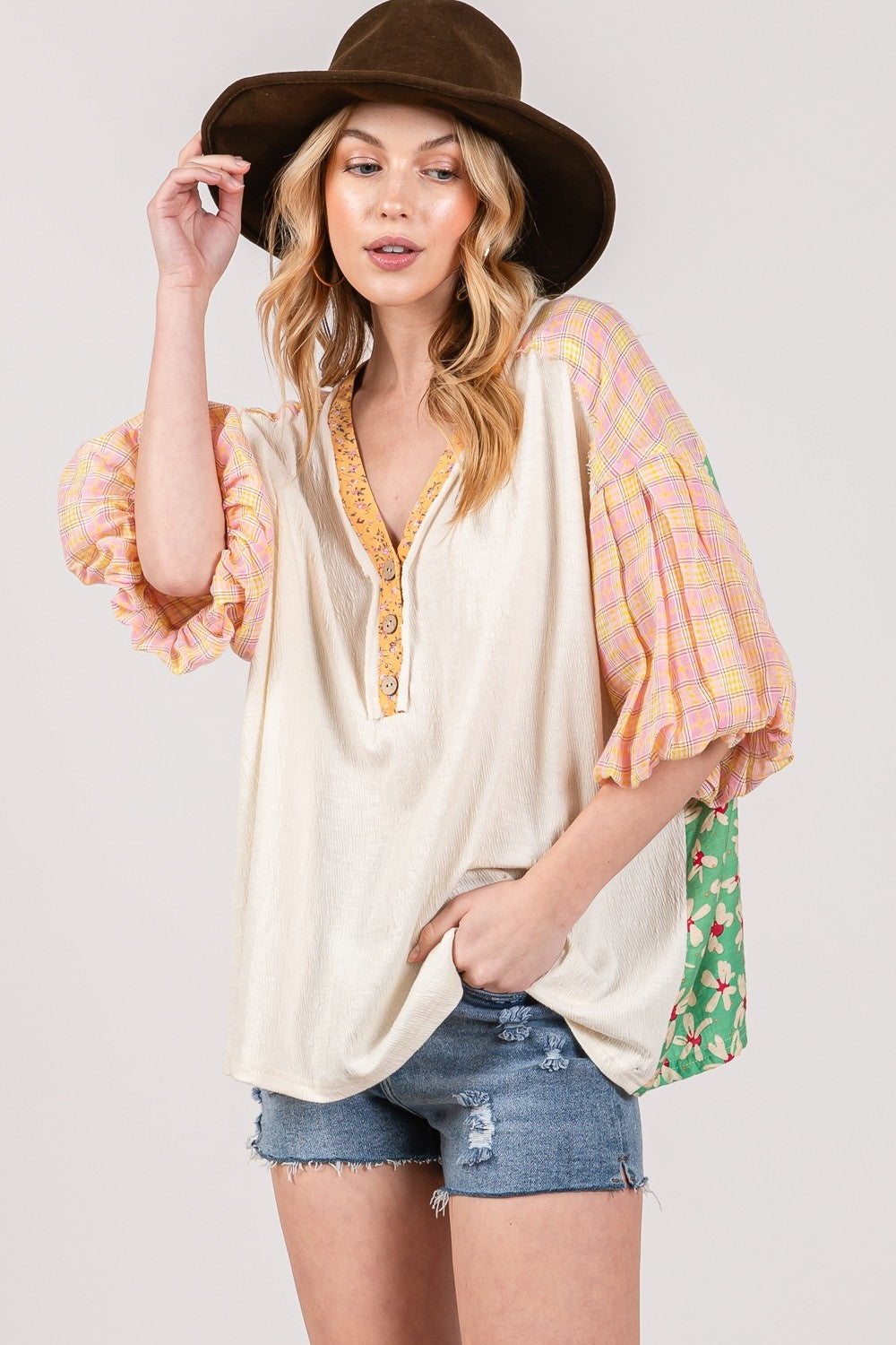 SAGE + FIG Color Block Bubble Sleeve Top Shirt Trendsi   