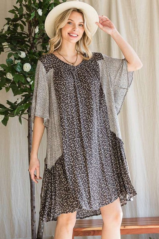 Jade By Jane Boho Chic Relaxed Fit Color Block Floral Print V-Neck Ruffle Dress Plus Size - NeoKira Unlimited