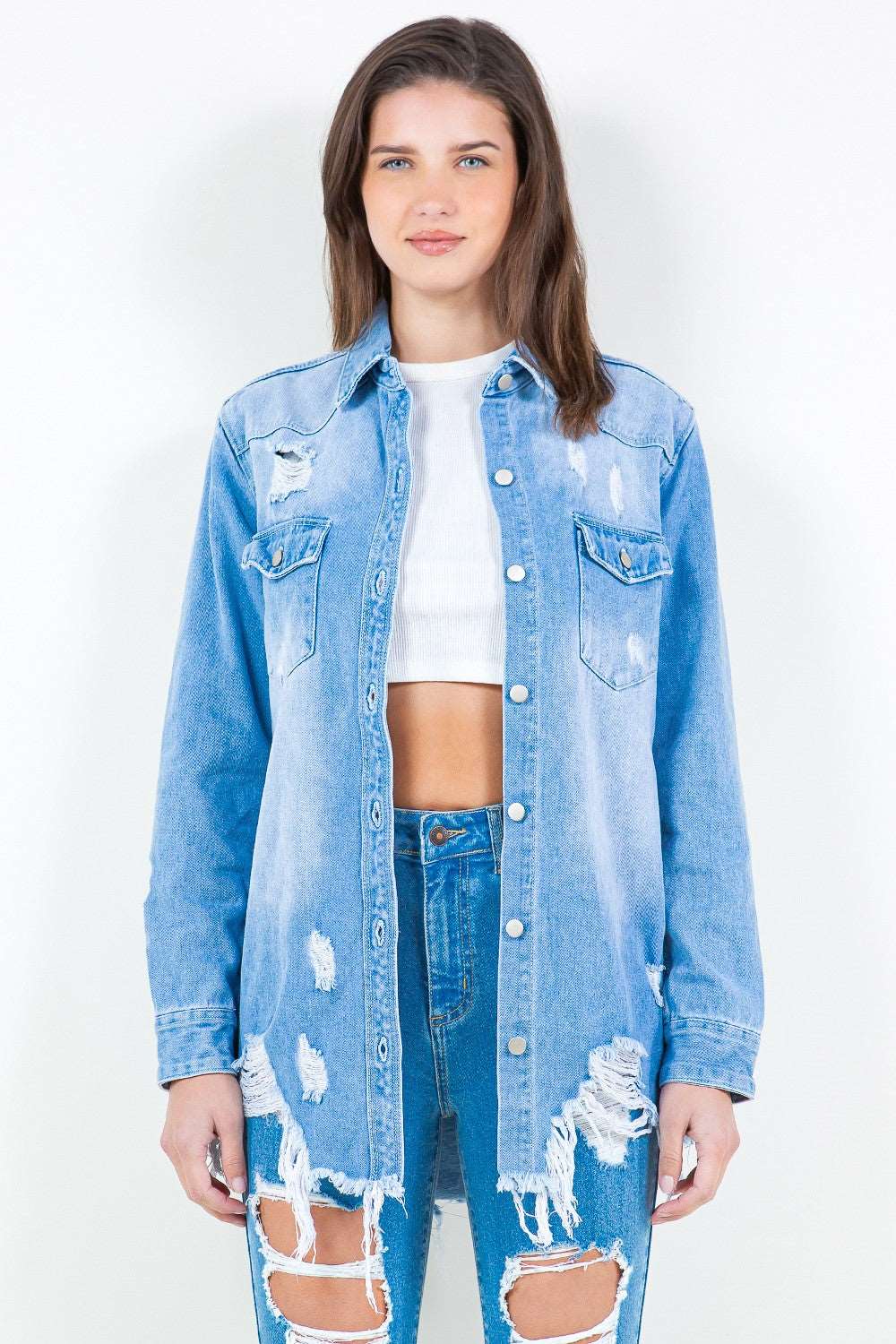 American Bazi Frayed Hem Distressed Denim Shirt Jacket - NeoKira Unlimited
