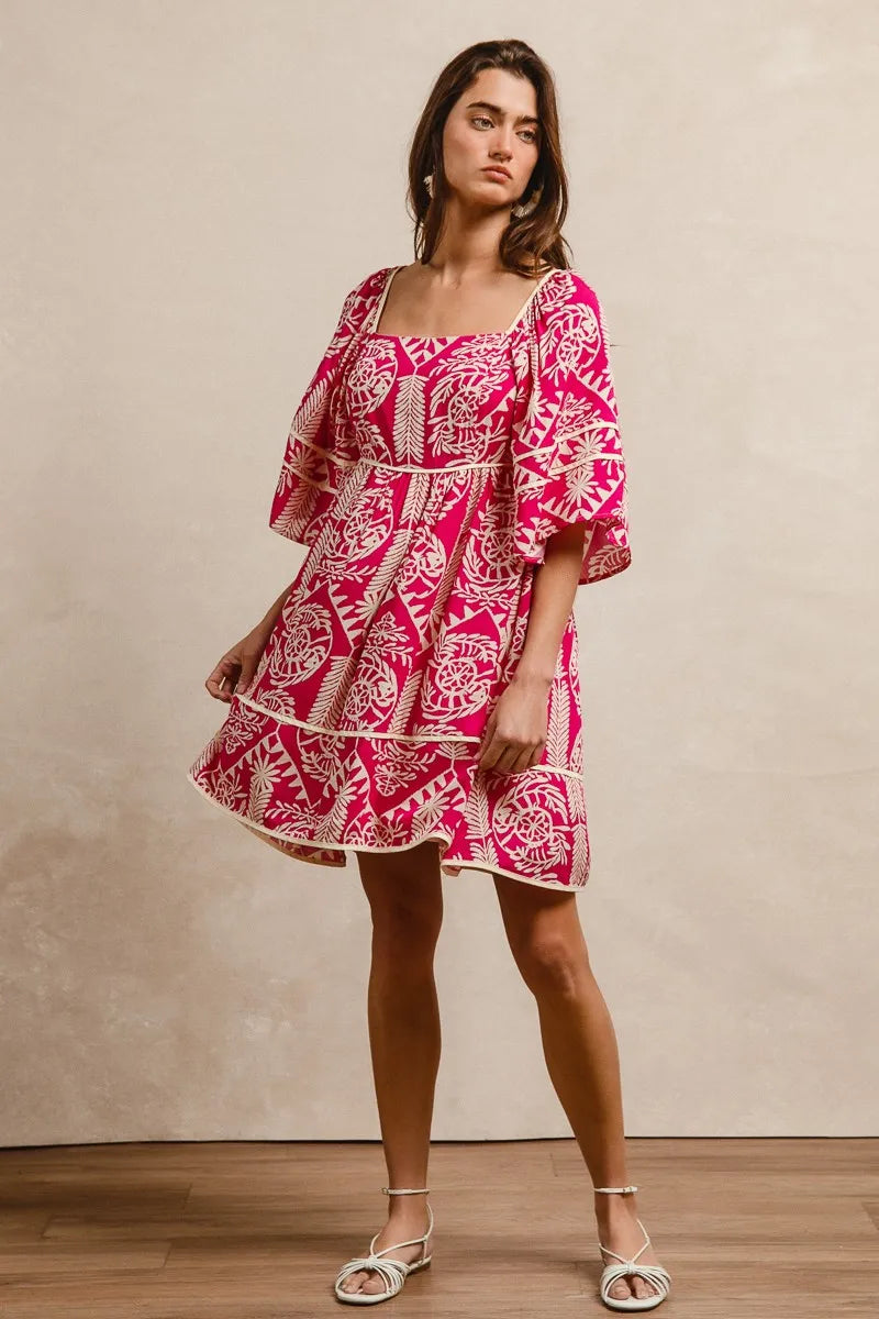 BiBi Aztec Woven Printed Contrast Binding Dress - NeoKira Unlimited