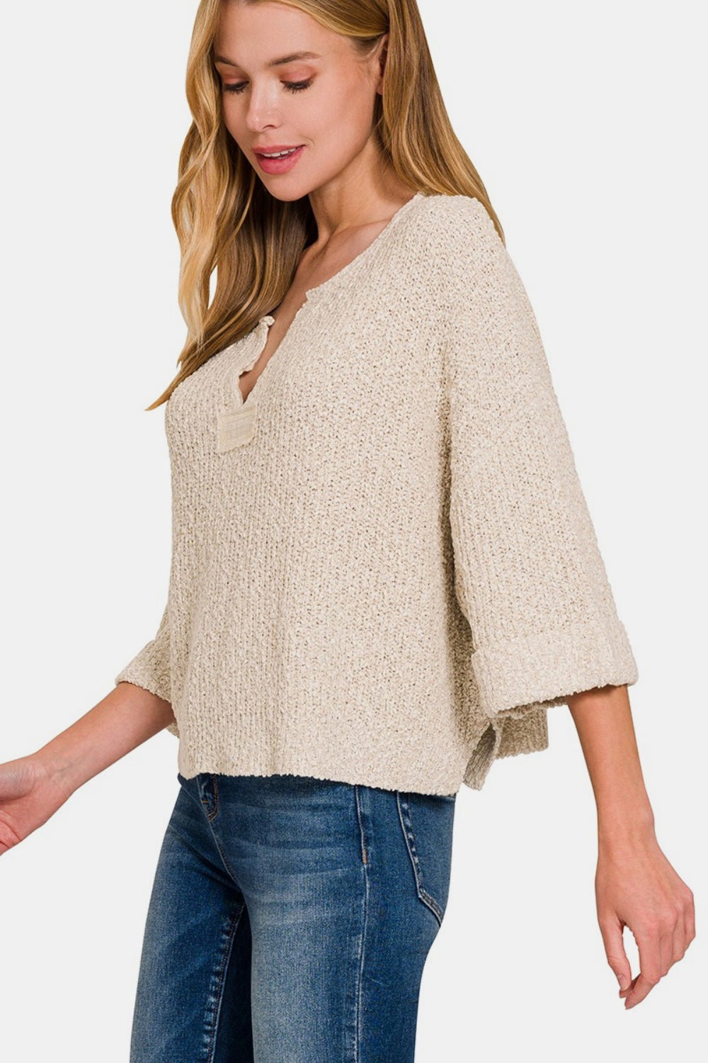 Zenana Notched Side Slit Patch Sweater Sweater Trendsi   