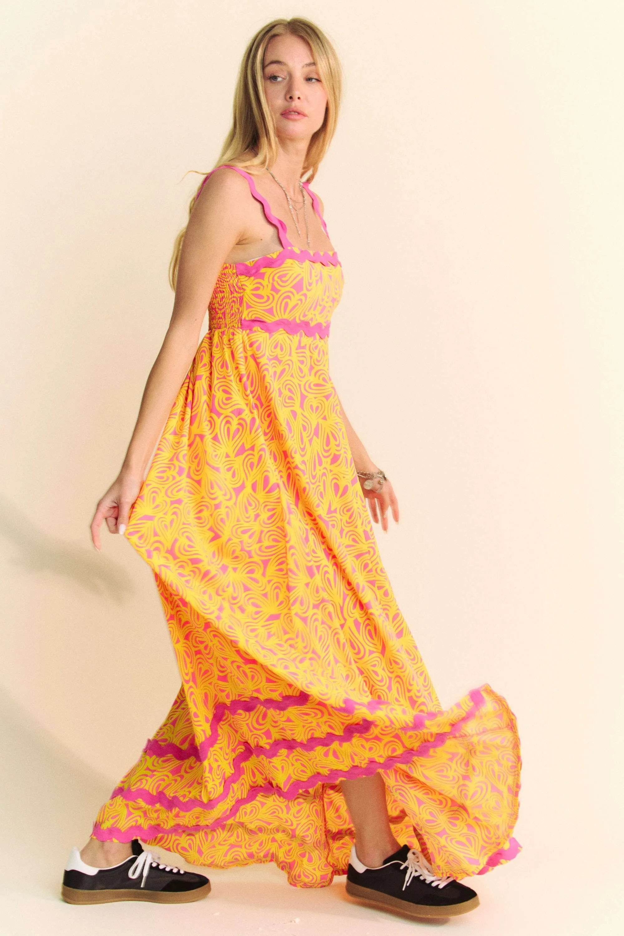 Davi & Dani Geo 2 Tone Printed Wavi Trim Tiered Maxi Dress - NeoKira Unlimited