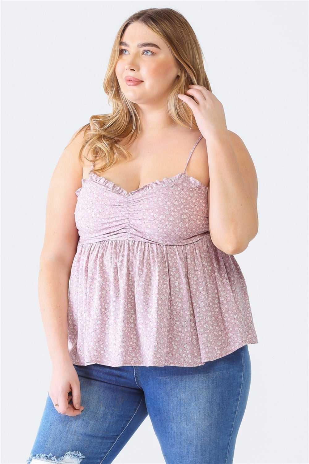 Zenobia Plus Size Frill Smocked Floral Sweetheart Neck Cami Top Trendsi Mauve 1XL 