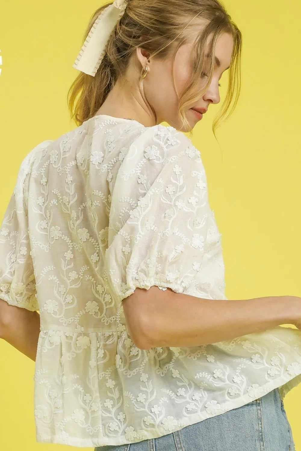 Umgee Ivory Embroidered Peplum Blouse – Puff Sleeve Bow-Tie Neckline Top - NeoKira Unlimited